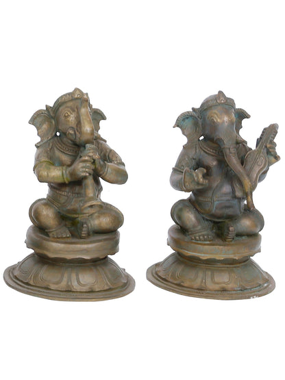 8.5" Musical Ganesha (Set Of 7) | Handmade Lord Ganesha Idol | Panchaloha Bronze Statue From Swamimalai