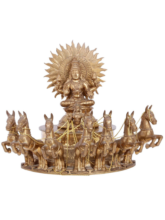 13" Lord Surya on His Seven Horses Chariot - Panchaloha Bronze Statue | Handmade Bronze Idol