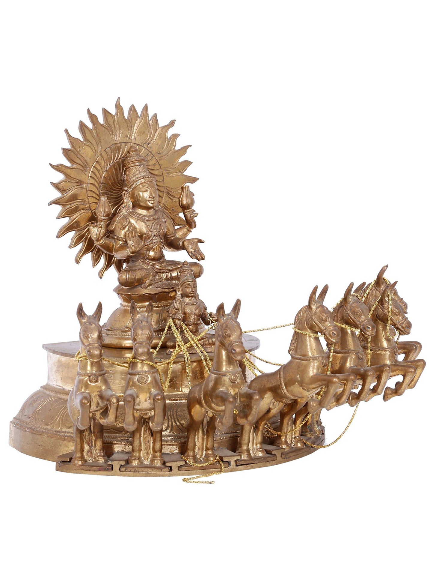 13" Lord Surya on His Seven Horses Chariot - Panchaloha Bronze Statue | Handmade Bronze Idol