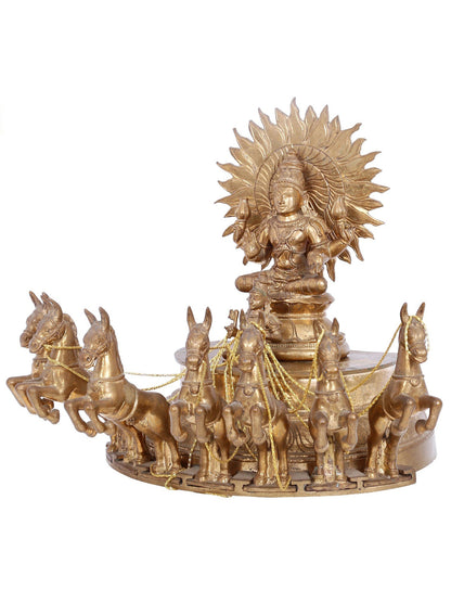 13" Lord Surya on His Seven Horses Chariot - Panchaloha Bronze Statue | Handmade Bronze Idol