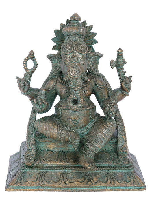 7" Sitting On Aasana Chaturbhuja Lord Ganesha Statue | Panchaloha Bronze Statue | Decorative Bronze Idol | Bronze Statue For Temple