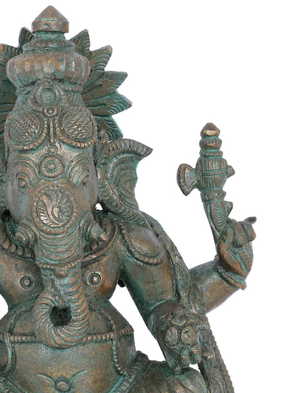 7" Sitting On Aasana Chaturbhuja Lord Ganesha Statue | Panchaloha Bronze Statue | Decorative Bronze Idol | Bronze Statue For Temple