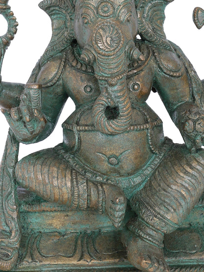 7" Sitting On Aasana Chaturbhuja Lord Ganesha Statue | Panchaloha Bronze Statue | Decorative Bronze Idol | Bronze Statue For Temple