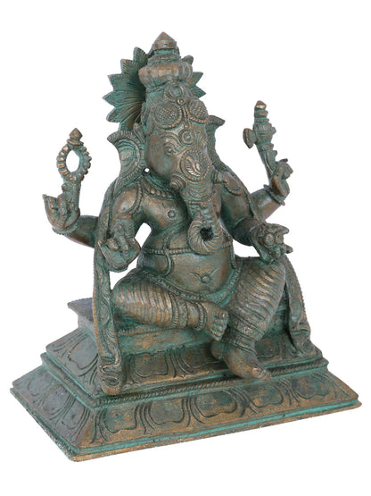 7" Sitting On Aasana Chaturbhuja Lord Ganesha Statue | Panchaloha Bronze Statue | Decorative Bronze Idol | Bronze Statue For Temple