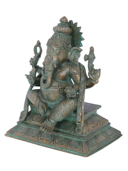 7" Sitting On Aasana Chaturbhuja Lord Ganesha Statue | Panchaloha Bronze Statue | Decorative Bronze Idol | Bronze Statue For Temple