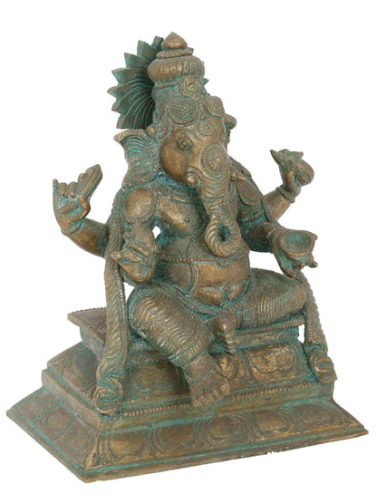 7’’ Bhakti Ganapati With Four Arms Bronze Statue | Panchaloha Bronze Statue | Decorative Bronze Idol | Bronze Statue For Temple