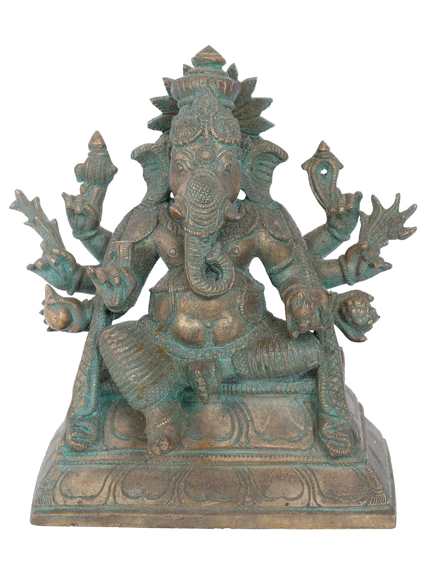 7" Seated Taruna Ganapati With Eight Arms Bronze Idol | Panchaloha Bronze Statue | Decorative Bronze Idol | Bronze Statue For Temple