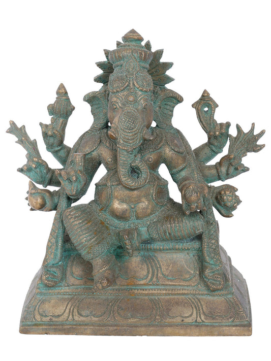 7" Seated Taruna Ganapati With Eight Arms Bronze Idol | Panchaloha Bronze Statue | Decorative Bronze Idol | Bronze Statue For Temple