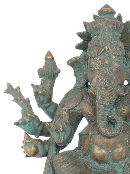 7" Seated Taruna Ganapati With Eight Arms Bronze Idol | Panchaloha Bronze Statue | Decorative Bronze Idol | Bronze Statue For Temple