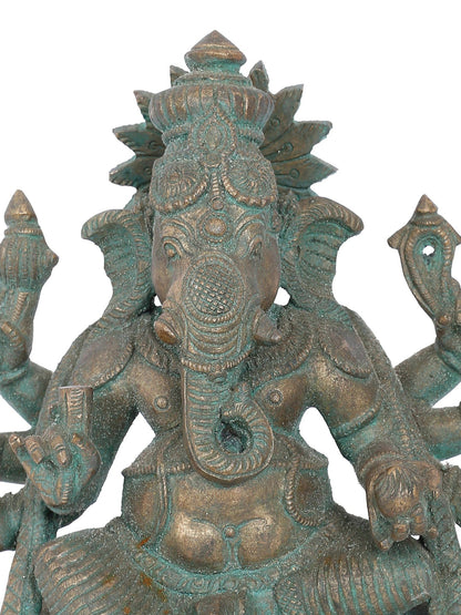 7" Seated Taruna Ganapati With Eight Arms Bronze Idol | Panchaloha Bronze Statue | Decorative Bronze Idol | Bronze Statue For Temple