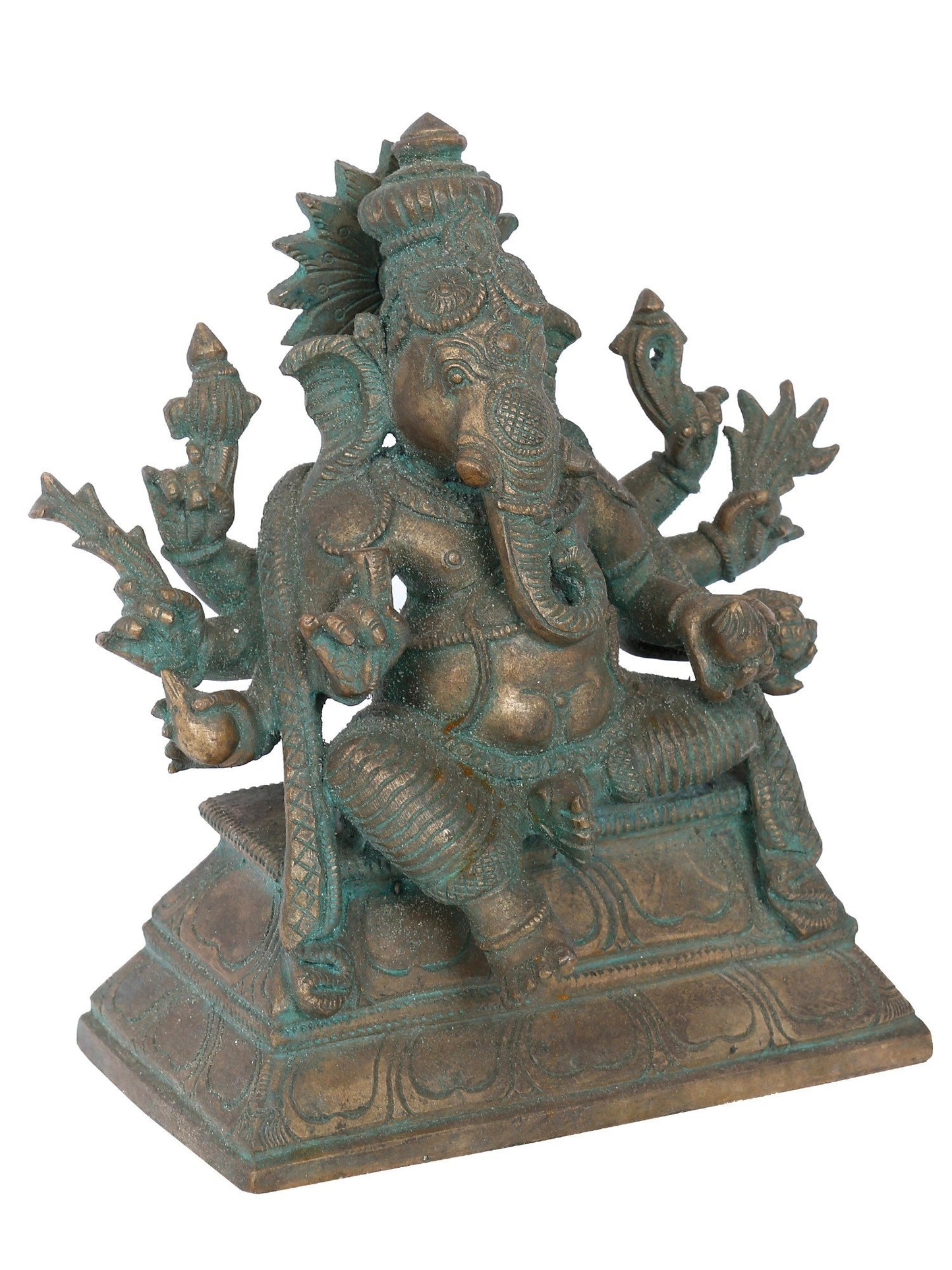 7" Seated Taruna Ganapati With Eight Arms Bronze Idol | Panchaloha Bronze Statue | Decorative Bronze Idol | Bronze Statue For Temple