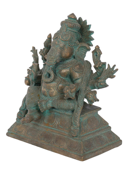 7" Seated Taruna Ganapati With Eight Arms Bronze Idol | Panchaloha Bronze Statue | Decorative Bronze Idol | Bronze Statue For Temple