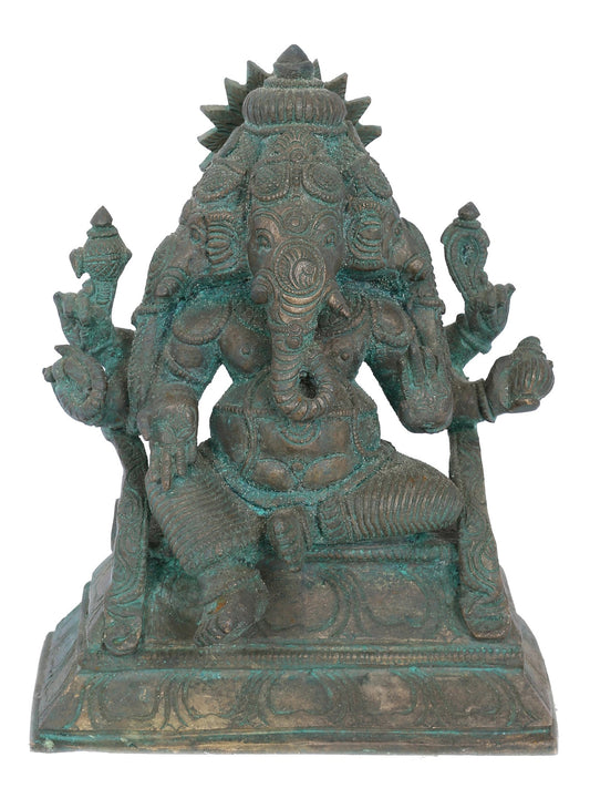 7" Three Headed Lord Ganesha Bronze Statue | Panchaloha Bronze Statue | Decorative Bronze Idol | Bronze Statue For Temple