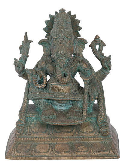 7" Chaturbhuja Yoga Ganapati Bronze Statue | Panchaloha Bronze Statue | Decorative Bronze Idol | Bronze Statue For Temple