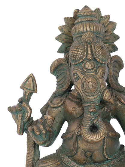 7" Sitting Lord Ganesha With Modaka Bronze Statue | Panchaloha Bronze Statue | Decorative Bronze Idol | Bronze Statue For Temple