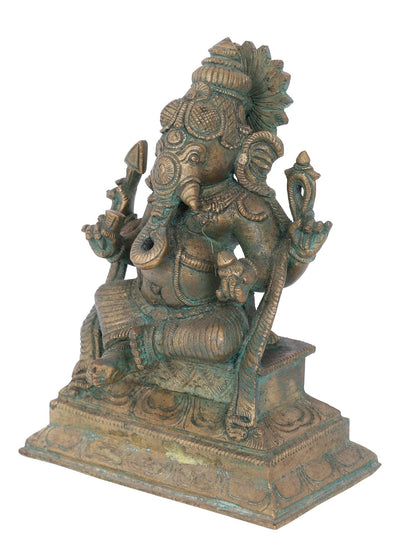 7" Sitting Lord Ganesha With Modaka Bronze Statue | Panchaloha Bronze Statue | Decorative Bronze Idol | Bronze Statue For Temple