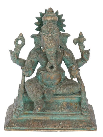 7" Seated Lord Ganesha With Crown Bronze Statue | Panchaloha Bronze Statue | Decorative Bronze Idol | Bronze Statue For Temple