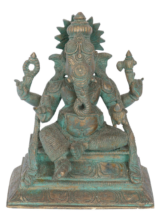 7" Seated Lord Ganesha With Crown Bronze Statue | Panchaloha Bronze Statue | Decorative Bronze Idol | Bronze Statue For Temple