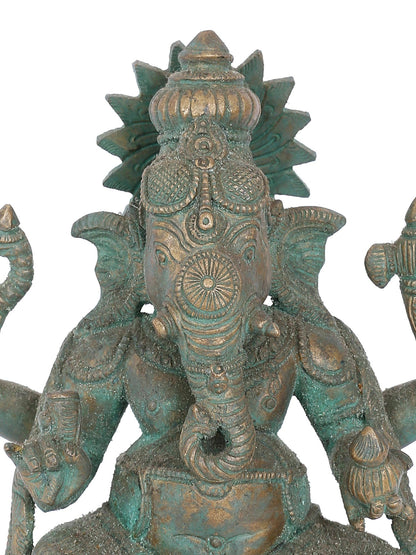 7" Seated Lord Ganesha With Crown Bronze Statue | Panchaloha Bronze Statue | Decorative Bronze Idol | Bronze Statue For Temple