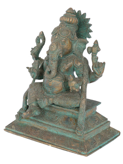 7" Seated Lord Ganesha With Crown Bronze Statue | Panchaloha Bronze Statue | Decorative Bronze Idol | Bronze Statue For Temple