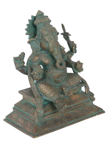 7” Bala Ganapati Seated On Throne Bronze Statue | Panchaloha Bronze Statue | Decorative Bronze Idol | Bronze Statue For Temple