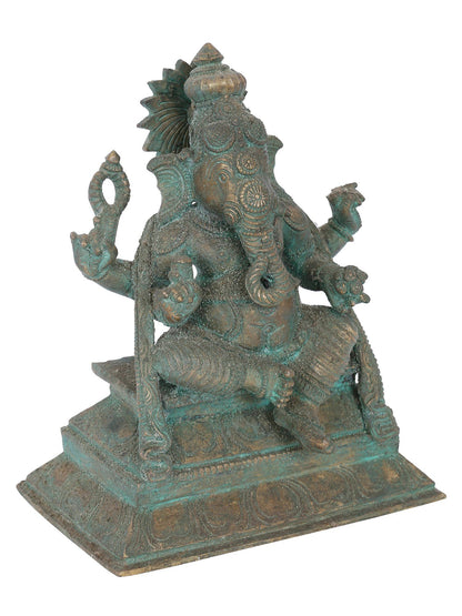 7” Ekadanta Ganapati Seated On Aasana Bronze Statue | Panchaloha Bronze Statue | Decorative Bronze Idol | Bronze Statue For Temple