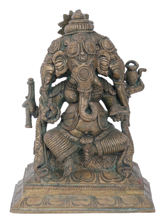 7" Four-Headed Dvija Ganapati | Panchaloha Bronze Statue | Decorative Bronze Idol | Bronze Statue For Temple