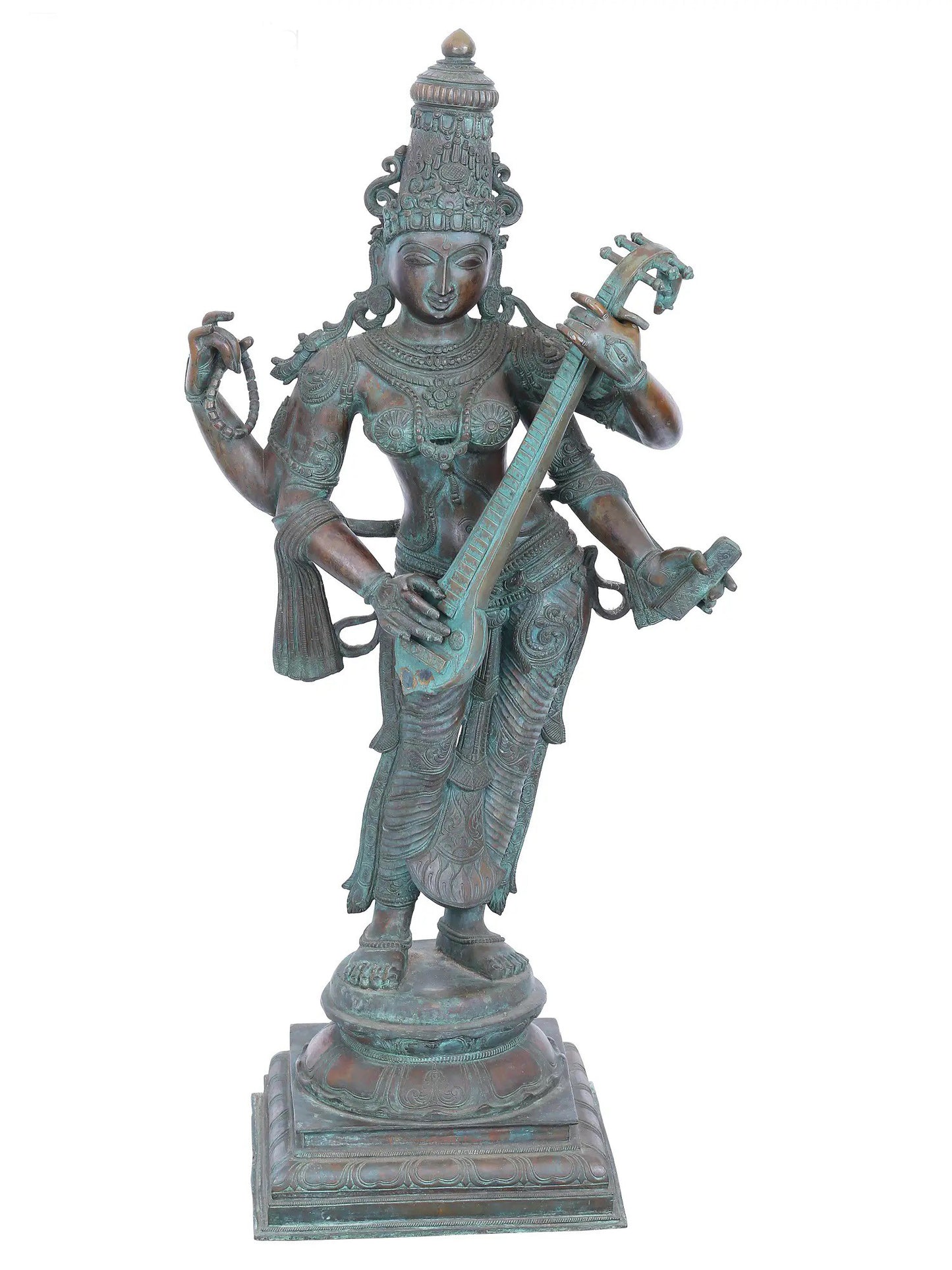 42" Large Standing Devi Saraswati Statue With Sitar | Panchaloha Bronze Statue | Decorative Bronze Idol | Bronze Statue For Temple