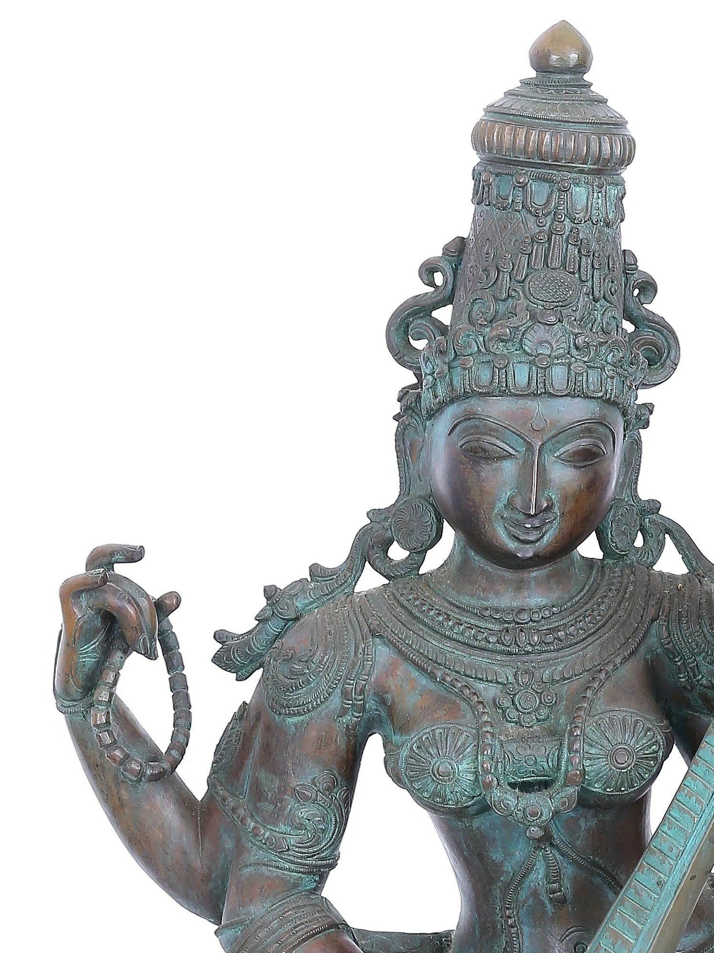 42" Large Standing Devi Saraswati Statue With Sitar | Panchaloha Bronze Statue | Decorative Bronze Idol | Bronze Statue For Temple