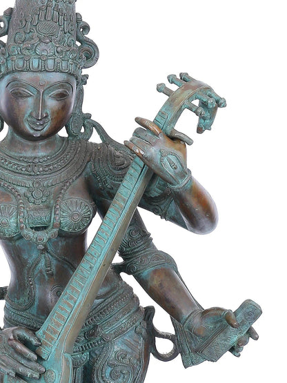 42" Large Standing Devi Saraswati Statue With Sitar | Panchaloha Bronze Statue | Decorative Bronze Idol | Bronze Statue For Temple