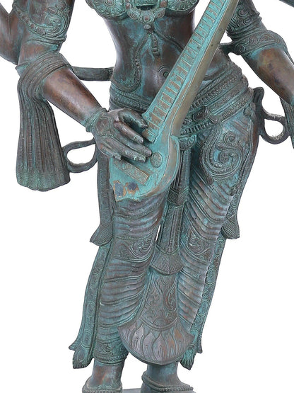 42" Large Standing Devi Saraswati Statue With Sitar | Panchaloha Bronze Statue | Decorative Bronze Idol | Bronze Statue For Temple