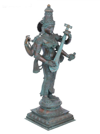 42" Large Standing Devi Saraswati Statue With Sitar | Panchaloha Bronze Statue | Decorative Bronze Idol | Bronze Statue For Temple