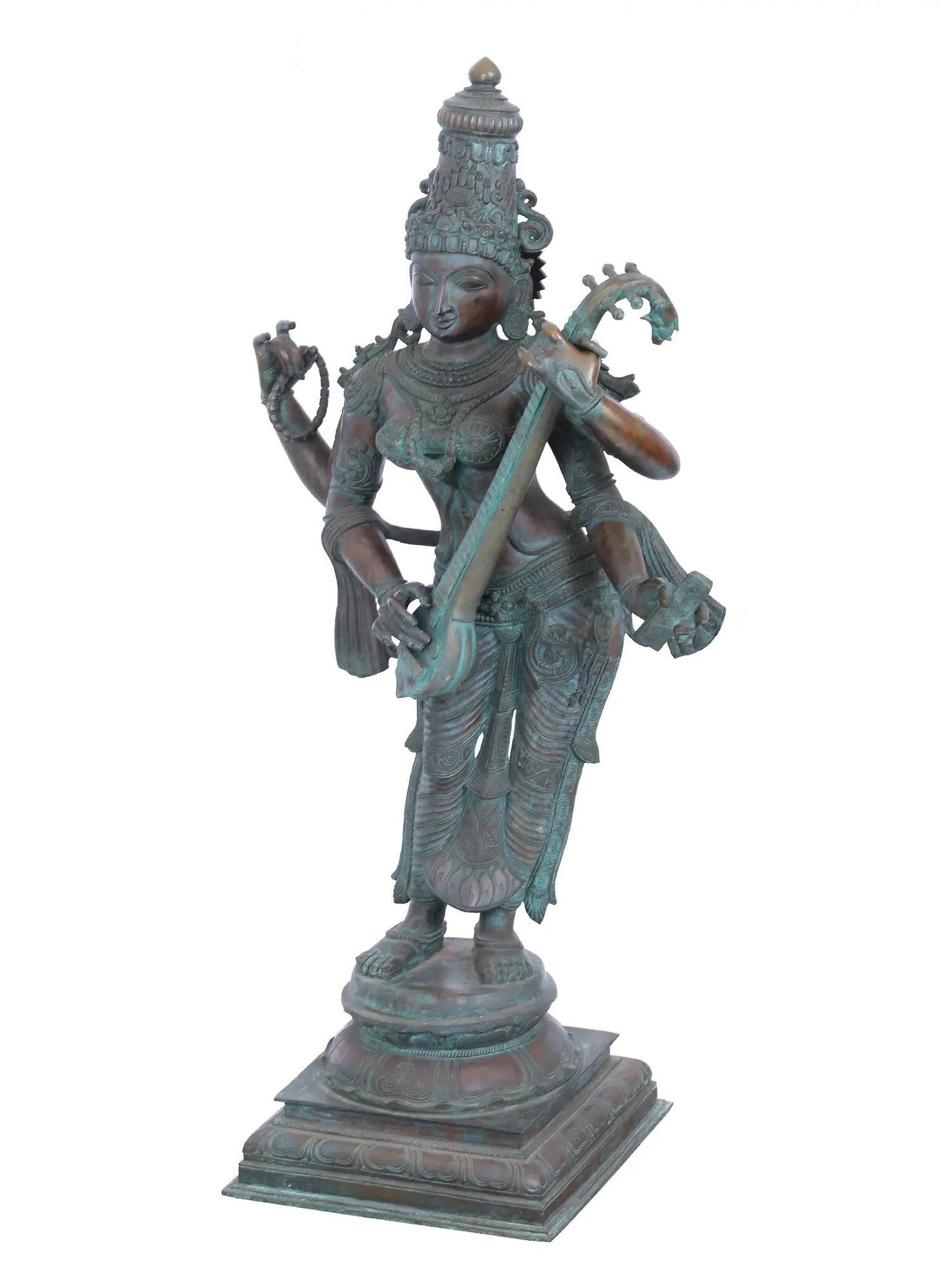 42" Large Standing Devi Saraswati Statue With Sitar | Panchaloha Bronze Statue | Decorative Bronze Idol | Bronze Statue For Temple