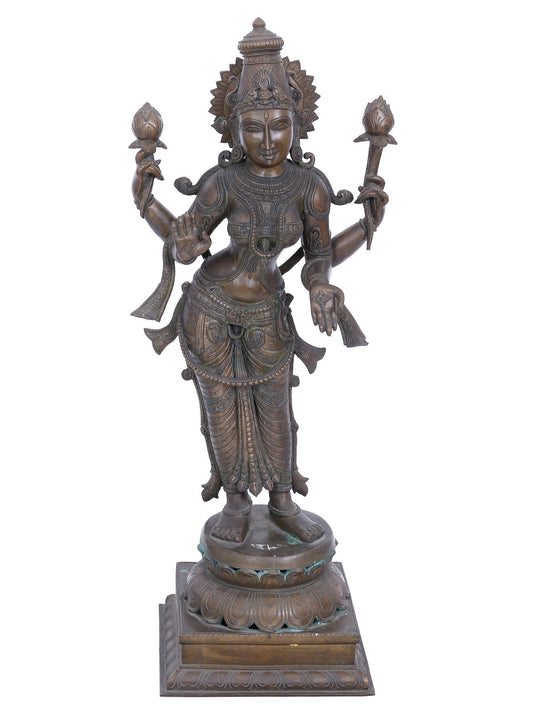 30" Standing Goddess Lakshmi With Four Hands | Panchaloha Bronze Statue | Decorative Bronze Idol | Bronze Statue For Temple