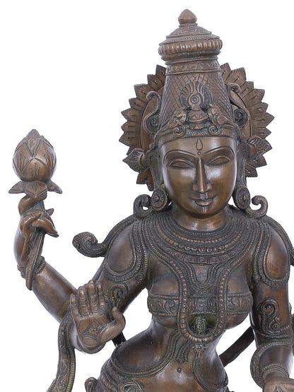 30" Standing Goddess Lakshmi With Four Hands | Panchaloha Bronze Statue | Decorative Bronze Idol | Bronze Statue For Temple