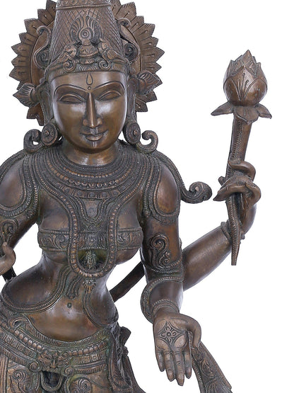 30" Standing Goddess Lakshmi With Four Hands | Panchaloha Bronze Statue | Decorative Bronze Idol | Bronze Statue For Temple