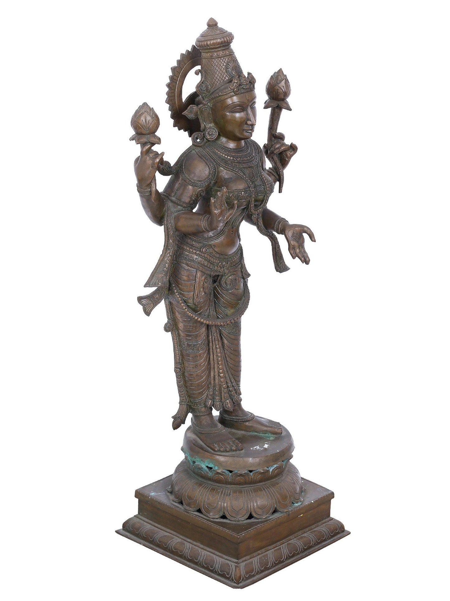 30" Standing Goddess Lakshmi With Four Hands | Panchaloha Bronze Statue | Decorative Bronze Idol | Bronze Statue For Temple