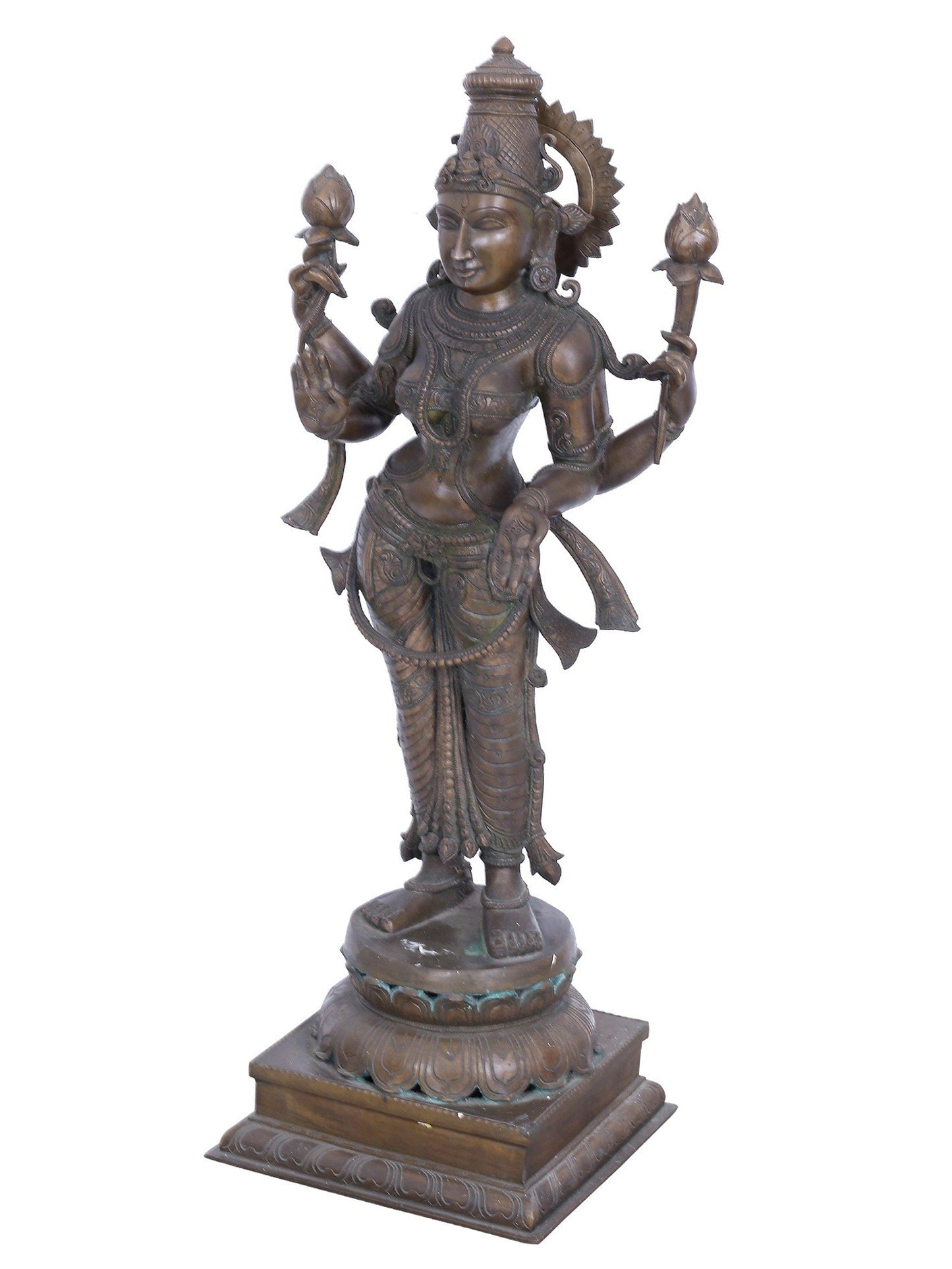 30" Standing Goddess Lakshmi With Four Hands | Panchaloha Bronze Statue | Decorative Bronze Idol | Bronze Statue For Temple