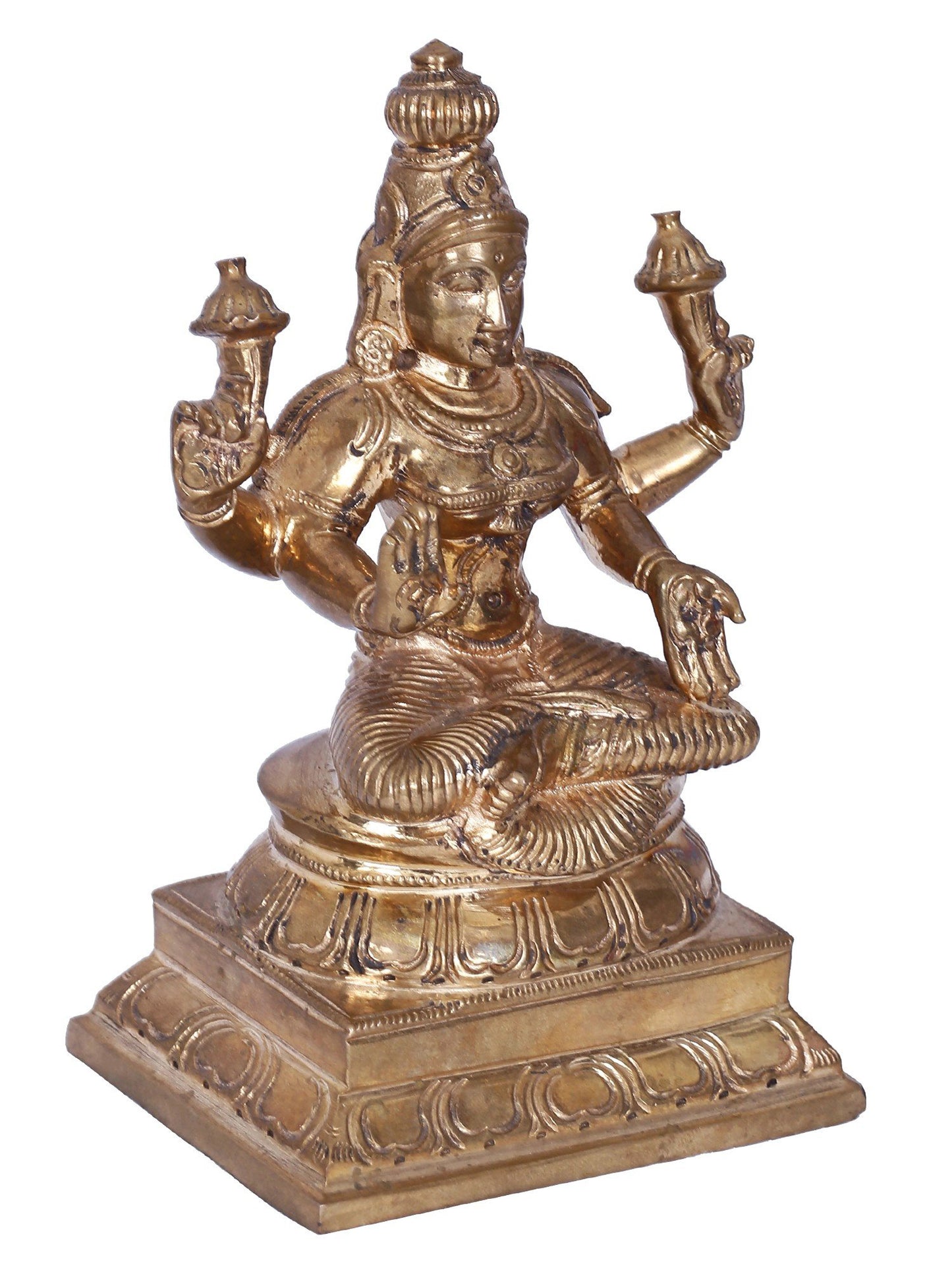 6" Sitting Goddess Lakshmi With Four Hands | Panchaloha Bronze Statue | Decorative Bronze Idol | Bronze Statue For Temple