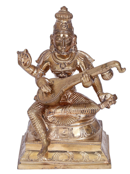 6" Goddess Saraswati Seated On Aasana With Sitar Bronze Statue | Panchaloha Bronze Statue | Decorative Bronze Idol | Bronze Statue For Temple