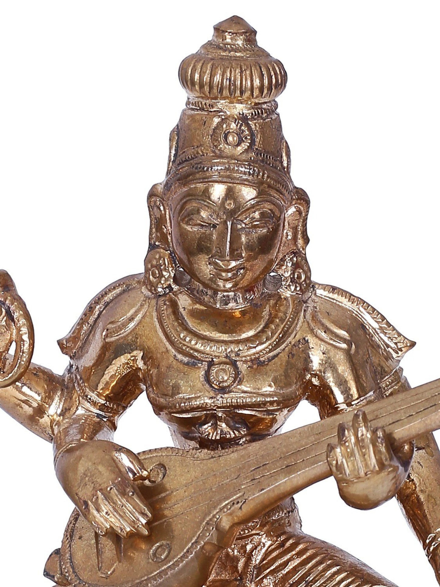 6" Goddess Saraswati Seated On Aasana With Sitar Bronze Statue | Panchaloha Bronze Statue | Decorative Bronze Idol | Bronze Statue For Temple