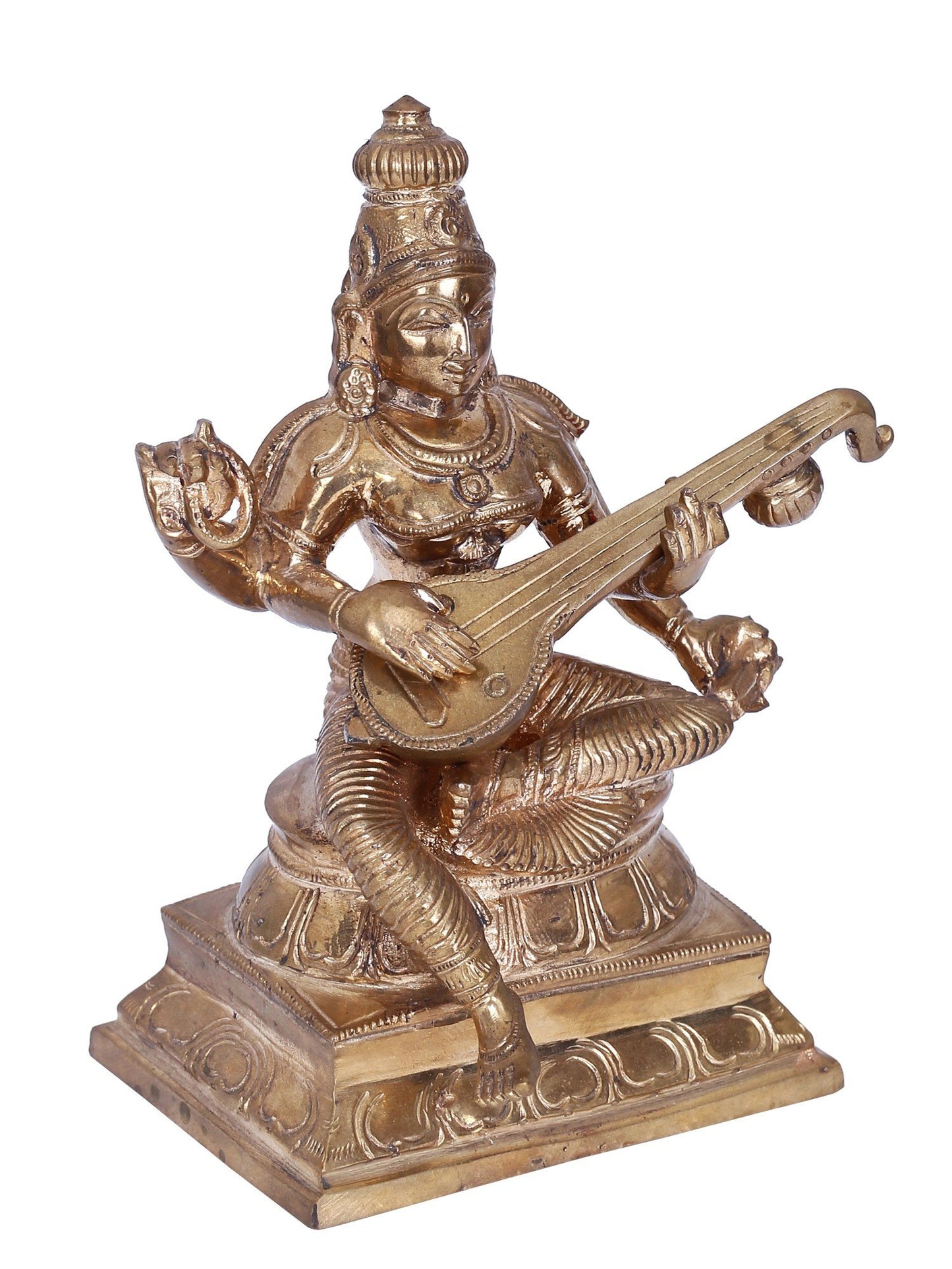 6" Goddess Saraswati Seated On Aasana With Sitar Bronze Statue | Panchaloha Bronze Statue | Decorative Bronze Idol | Bronze Statue For Temple