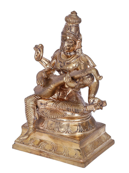 6" Goddess Saraswati Seated On Aasana With Sitar Bronze Statue | Panchaloha Bronze Statue | Decorative Bronze Idol | Bronze Statue For Temple