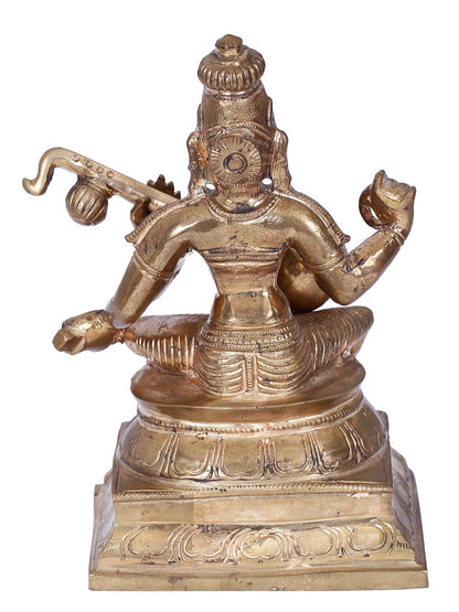 6" Goddess Saraswati Seated On Aasana With Sitar Bronze Statue | Panchaloha Bronze Statue | Decorative Bronze Idol | Bronze Statue For Temple