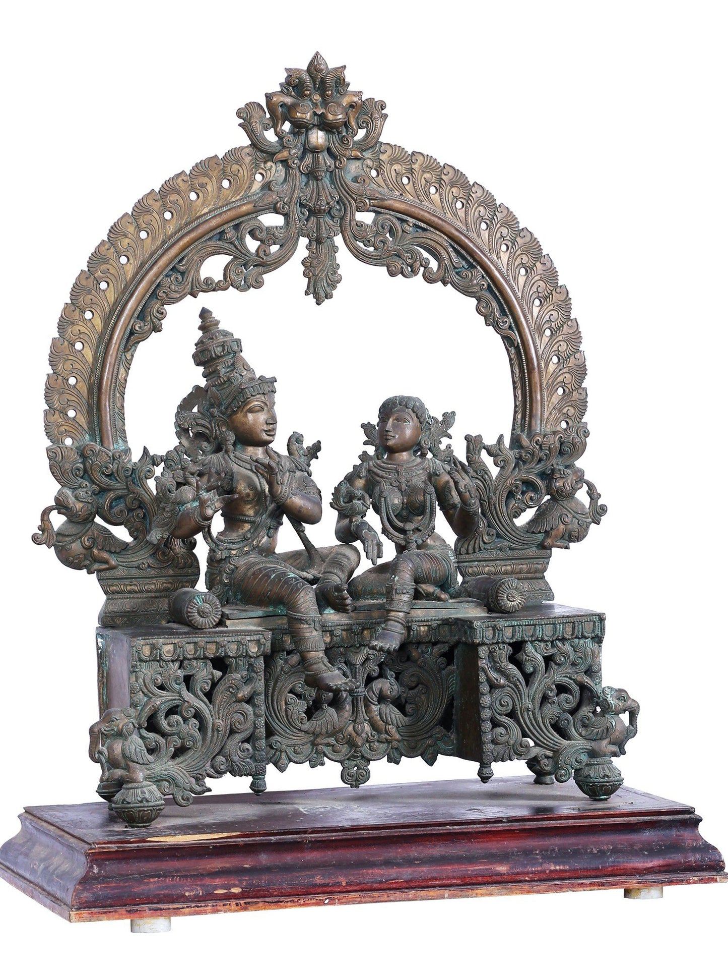 32'' Radha-Krishna Seated On Kirtimukha Throne | Panchaloha Bronze Statue | Decorative Bronze Idol | Bronze Statue For Temple