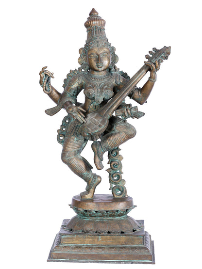 33'' Large Dancing Goddess Saraswati Idol | Panchaloha Bronze Statue | Statue For Temple