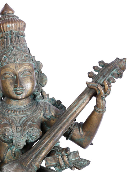 33'' Large Dancing Goddess Saraswati Idol | Panchaloha Bronze Statue | Statue For Temple