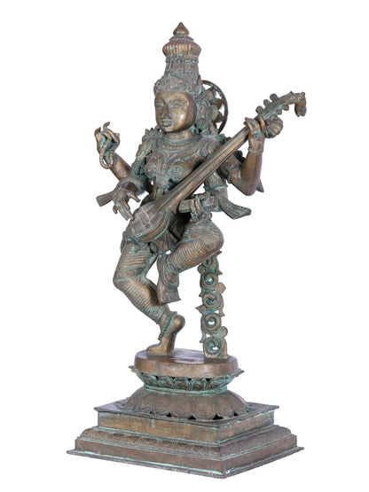 33'' Large Dancing Goddess Saraswati Idol | Panchaloha Bronze Statue | Statue For Temple