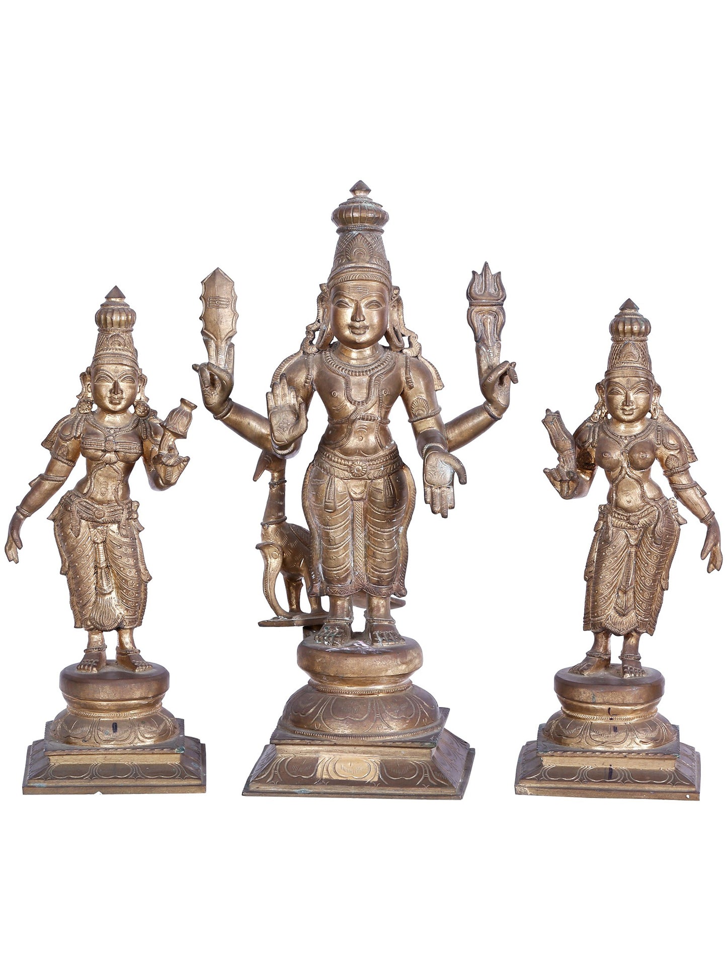 19" Lord Subramanya Sith His Consorts Devasena And Valli | Madhuchista Vidhana (Lost-Wax) | Panchaloha Bronze Statue From Swamimalai