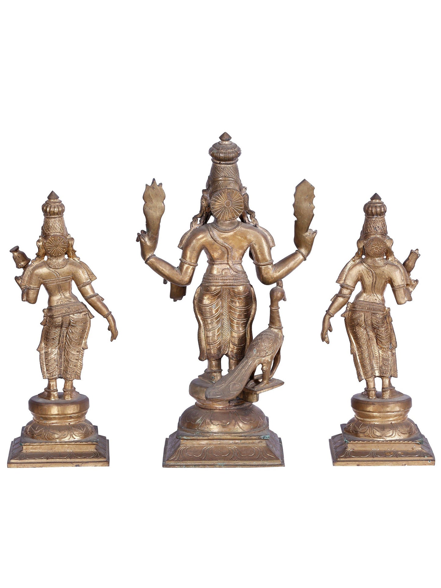 19" Lord Subramanya Sith His Consorts Devasena And Valli | Madhuchista Vidhana (Lost-Wax) | Panchaloha Bronze Statue From Swamimalai